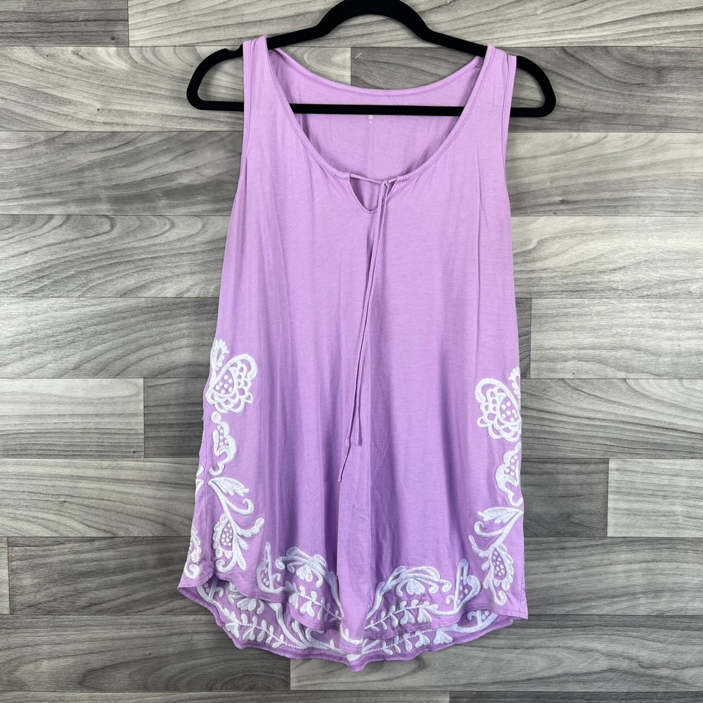 Garnet Hill Tunic Top Womens Medium Purple Embroidered‎ Sleeveless Lace-Up Neck